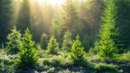 Young Small Green Spruce Trees in Sunny Forest. Nature, Oxygen, Clean Air. Sustainability, Ecology, Environmental Activism, Climate Change. Planet Earth, Vegetation, Fauna. Outdoors, National Park