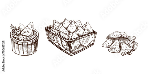 Hand-drawn sketch of nachos in a glass bowl, bowl with guacamole, nachos and parsley leaves with a handful of nachos. Vintage drawing of nachos. Mexican food, cuisine.