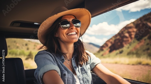 Portrait of a lovely Caucasian woman smiling while driving to vacation with a buddy. Attractive young female hipster with arm tattoos, hat, sunglasses, and driving a