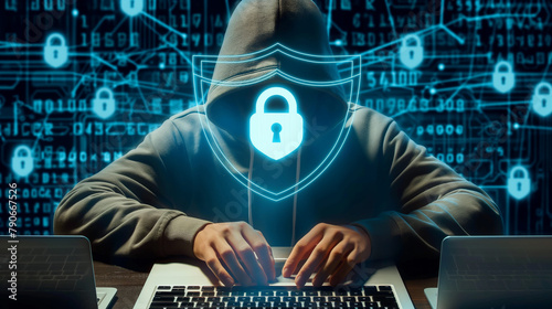 Hooded Cybersecurity Expert with Glowing Lock Icon 