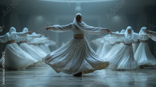 7. Sufi Whirling Dervishes: A captivating performance of Sufi whirling dervishes, with dancers dressed in flowing white garments spinning gracefully amidst swirling patterns of lig