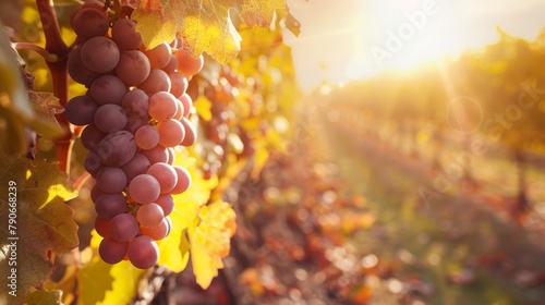 Ripe Grapes on Vine in Vineyard at Sunset