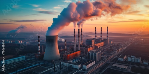 arial drone top view shot of nuclear power plant with cooling towers chimney steaming with blue sky background