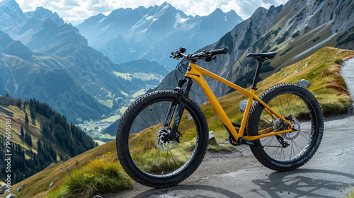 Saffron yellow trail bike on a mountain pass, challenging ride