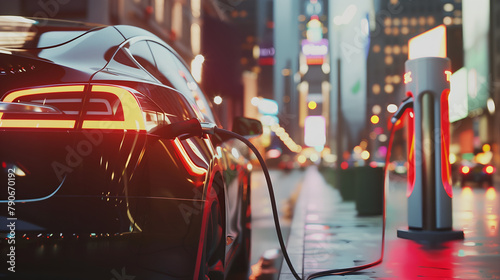 Futuristic electric car connected to charging station in the city