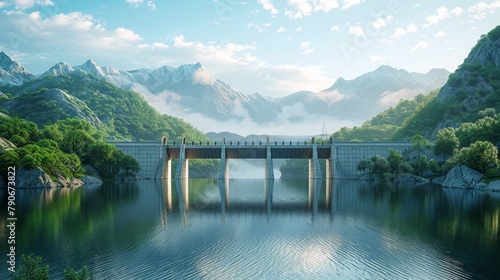 A bridge spans a river with mountains in the background