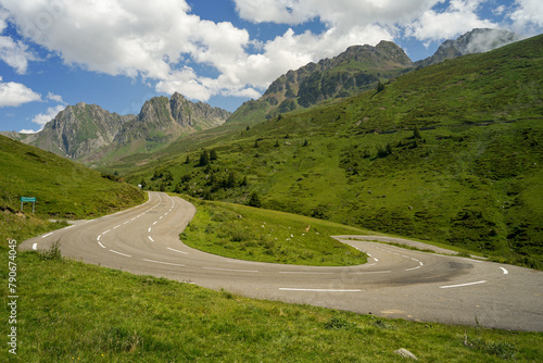Col du Tourmalet road hairpin turn, highest mountain pass in Pyrennes, famous Tour de France climb