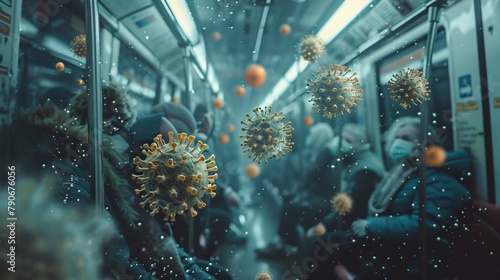 A crowded subway car with people wearing masks and a virus floating in the air