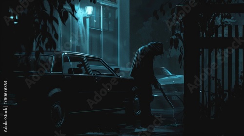 A lone figure breaking into a car using a slim jim under the cover of night