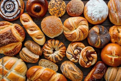 Various types of breads, pastries, buns, and pies neatly arranged on a table