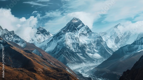 Panoramic view of himalayas mountains, Mount Everest. Panoramic view of the snowy mountains