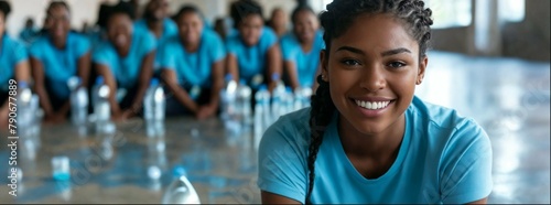 A closeup shot of smiling black female high school students wearing blue tshirts, sitting at long tables with white water bottles in front of them, inside an empty gymnasium