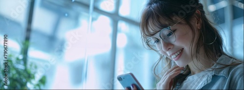 Young Japanese woman smiles as she looks at her smartphone in the office. The background is blurred and light blue with large windows. Her hair falls down one side, creating an atmosphere reminisce
