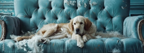 A golden retriever laying on an old blue velvet couch, with fur that has been pulled off of it and scattered around him.