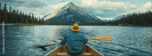 A man in a blue shirt and hat is sitting on the wooden boat, rowing forward with his back to us. The lake is surrounded by mountains with a cinematic shot and cinematic light. 