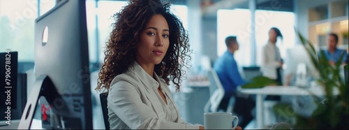 Female in her late thirties with curly hair working at the office, sitting behind a computer and looking at the camera, with standing people walking outside the window, wearing business attire 