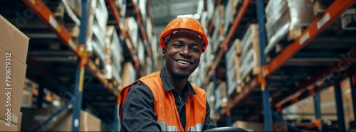 African man working in a warehouse, smiling and looking at the camera. He is wearing an orange safety vest over his black shirt with blue details. In the background there are many shelves 