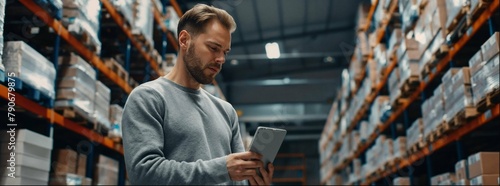 A warehouse worker in a grey sweater is looking at his phone, surrounded by rows of shelves filled with boxes and various goods. He is holding the screen up to take notes, make notes on online supply