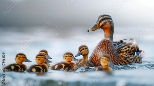 A mother duck is leading her ducklings through the water