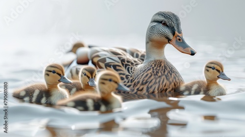 A mother duck and her ducklings are swimming in a pond