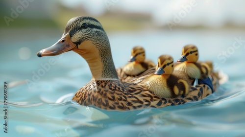A mother duck is carrying her ducklings on her back as they swim in the water