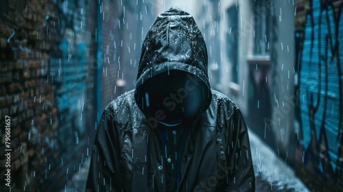 A mysterious hooded figure standing in the rain, face hidden, in a desolate urban alley