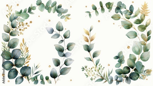 An elegant botanical gold wedding frame element on white background. A set of circle shapes, glitters, eucalyptus leaves and leaf branches.