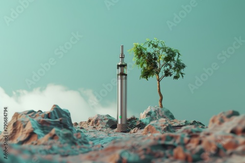 A colorful vape is sitting on a green leafy background