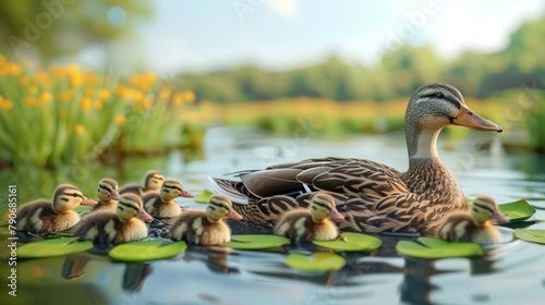 A mother duck is leading her ducklings across a pond