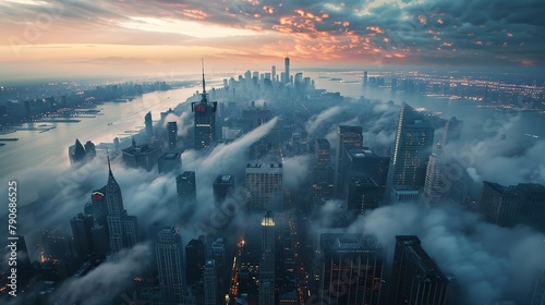 Top view of New York skyline in cloudy day at sunset. Skyscrapers of NYC in the fog. Stunning and magnificent view of famous city