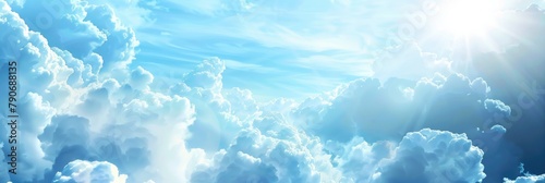 Light Blue And White Background. Panoramic Landscape with Soft Sunshine and Abstract Cloudscape