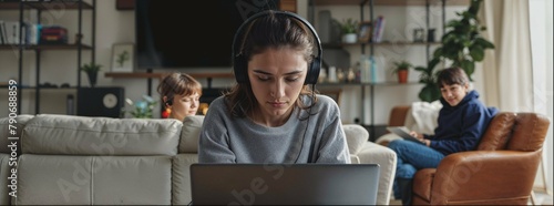 A woman wearing headphones sits on the couch in her living room, working at an open laptop computer while two children play nearby. She is focused and determined to create content for social media 
