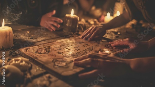 A seance table with hands touching a planchette on a Ouija board under candlelight