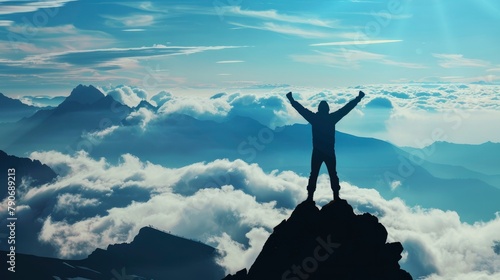 A silhouette of a person triumphantly standing on a peak, with clouds and mountains framing the scene, represents achievement.