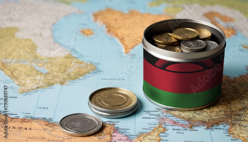A jar filled with cash, displaying the Malawi flag, sits atop a map. Saving for vacation, leisure activities. Financial planning, travel budget allocation