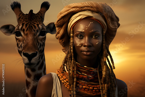 Native African woman in traditional ceremonial clothing with a giraffe in the background. Southern African Heritage Day.