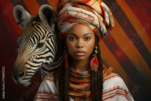 Portrait of an African woman in festive clothes with a zebra in the background. Southern African Heritage Day.