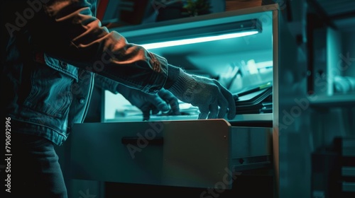 A thief wearing gloves rifling through a drawer in a dark office late at night