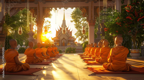 A tranquil Vesak Day temple ceremony with monks chanting in unison.