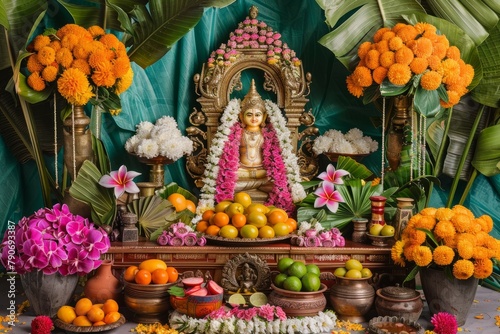 A picture of a decorated puja altar adorned with flowers, fruits, and sacred items in celebration of Akshaya Tritiya