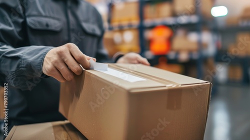 A courier sticks a parcel recipient's address label in the office storage. AI generated image