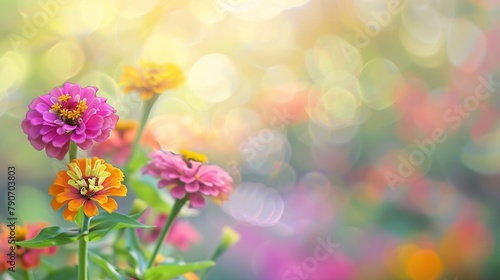 Colorful zinnia flowers background with bokeh effect
