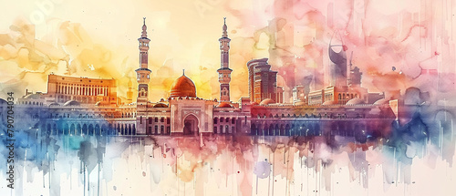 Watercolor hand draw The Masjid al-Haram in Mecca Saudi Arabia