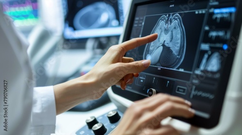 A doctor is pointing at a CT scan of a patient's head