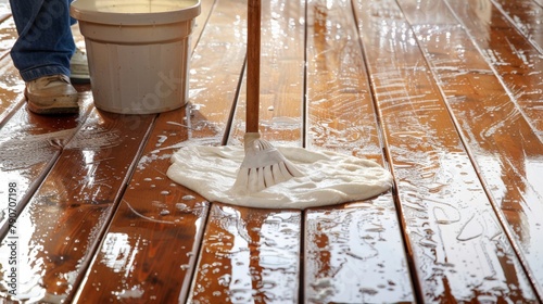 A person cleaning an old wooden floor with a mop and bucket, focusing on the shiny result