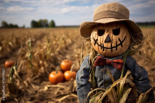 Pumpkin-headed scarecrow guarding a field.