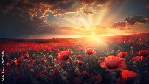 Large poppy field, sky background with clouds, bright sun. AI generated.
