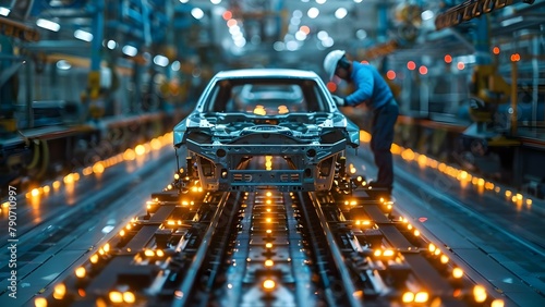 Engineer fine-tuning vehicle assembly in high-tech production line. Concept Automotive Engineering, Vehicle Assembly, High-Tech Production, Fine-Tuning, Manufacturing Processes