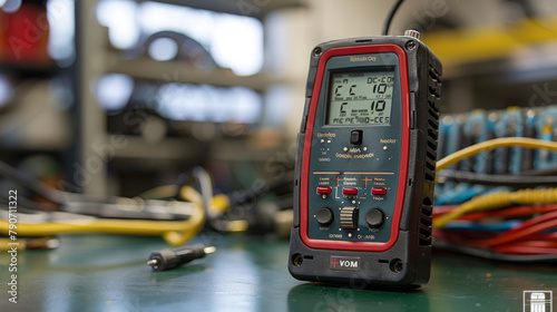 A professional digital multimeter displayed prominently on a cluttered technical workshop bench.