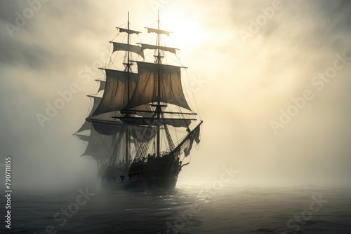 Phantom ship sailing on a foggy sea.